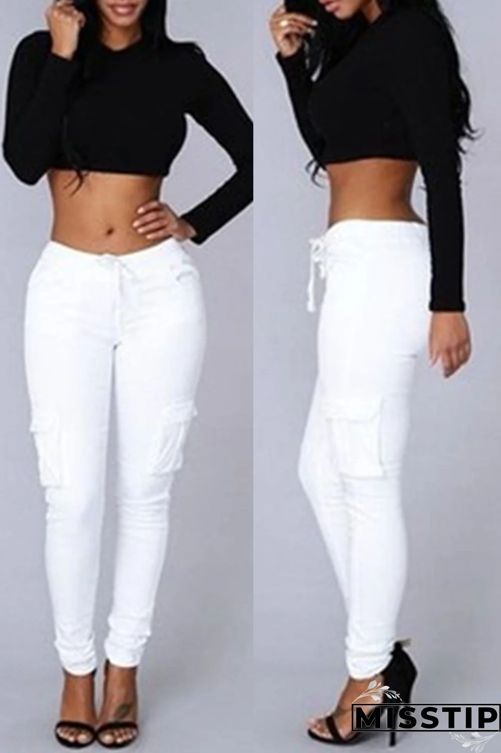 White Fashion Casual Solid Basic Regular Mid Waist Trousers