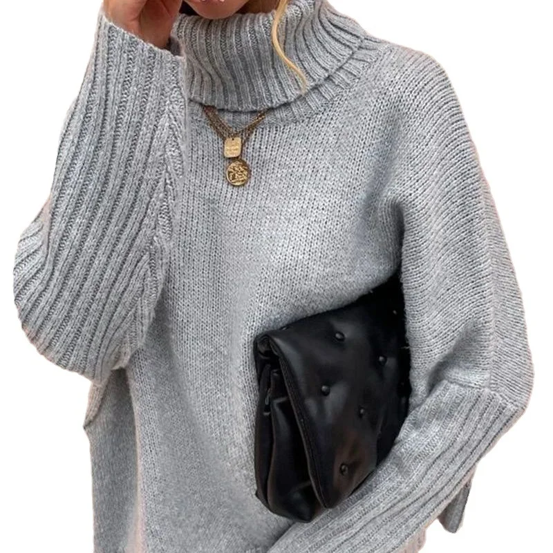 Athvotar Athvotar And Winter New Loose Solid Color High-Collar Bat Sleeve Knitted Sweater