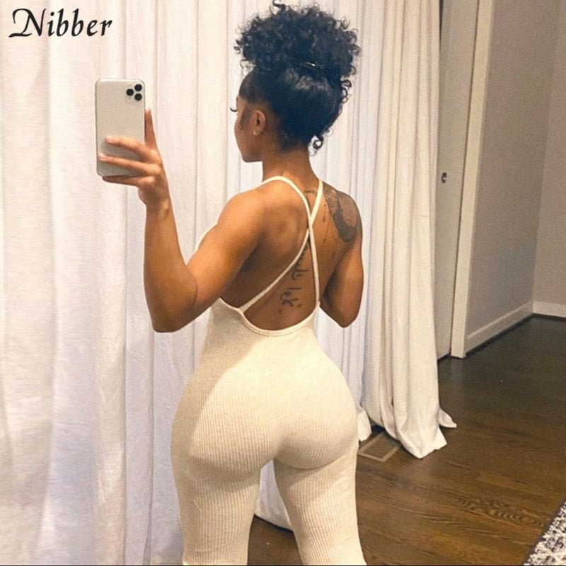 Nibber sexy backless hollow Ribbed knitting sling jumpsuits women club party night slim wear high street casual jumpsuits female