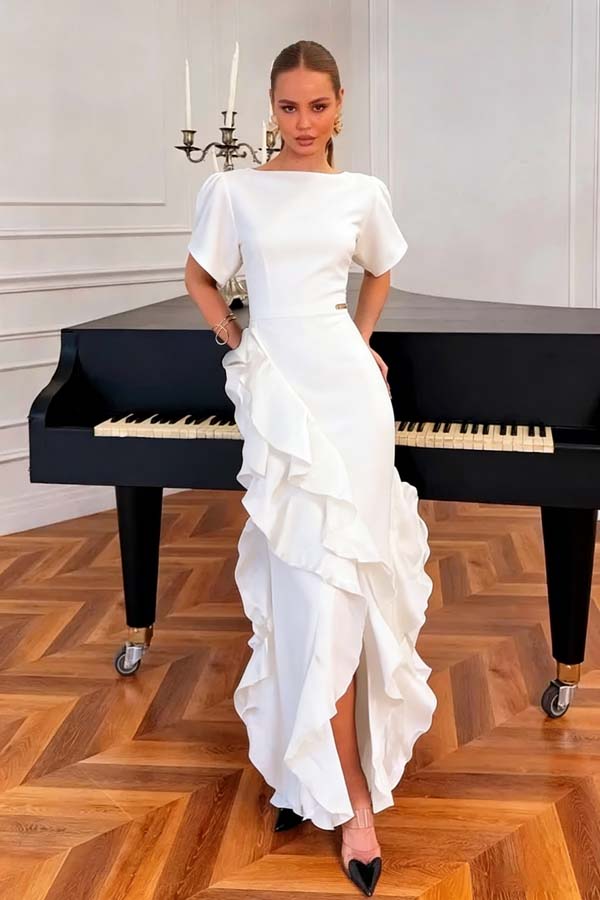 Lussooy Charming Black Jewel Neck Short Sleeves Ruffles Split Evening Dress