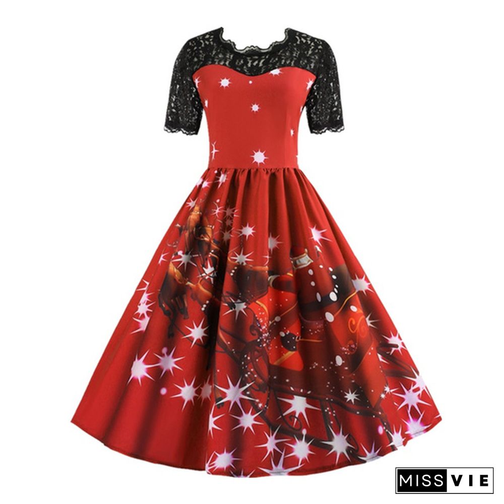 7 Colors Women Fashion Pumpkin Snowflake Print Dress Short Sleeve Lace Dress Christmas Halloween Costume Knee Length Party Dresses