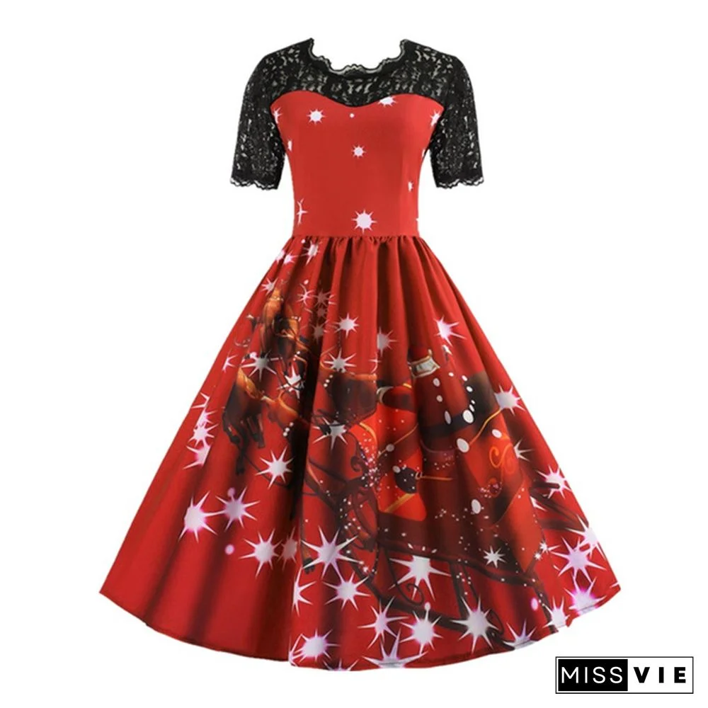 7 Colors Women Fashion Pumpkin Snowflake Print Dress Short Sleeve Lace Dress Christmas Halloween Costume Knee Length Party Dresses