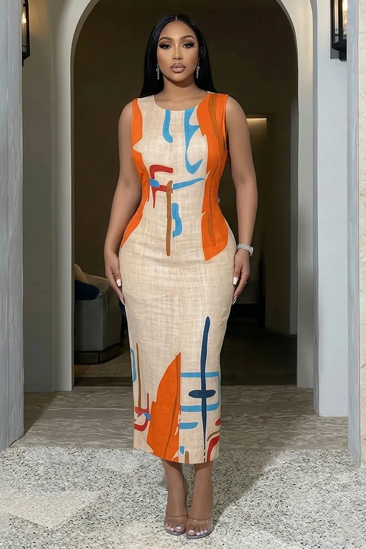 bridal dress shows on tv Beige Poly Rayon Balloon Sleeve V-Neck Printed Maxi Casual Dress Large-40 main image 1