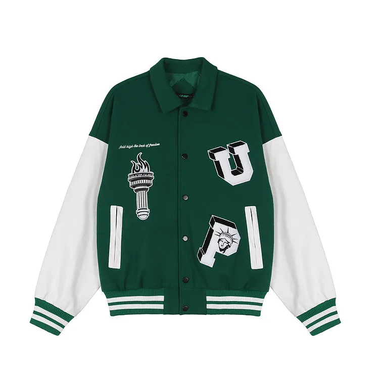 Letterman Jacket Outfit Senior Jackets Varsity Baseball Coat Men's PU Leather Sleeve Stitching Loose