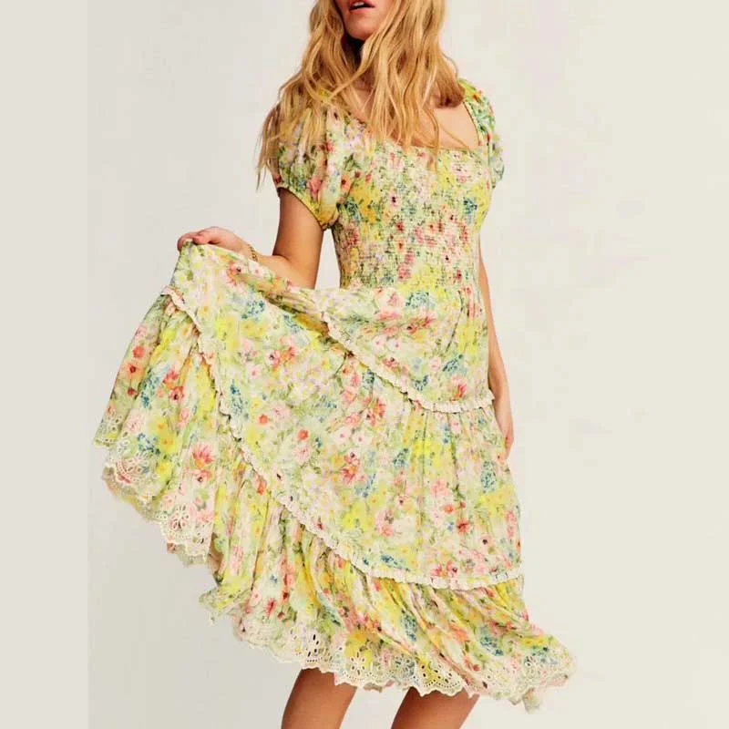 BOHO INSPIRED yellow floral-print tiered midi dress women smocked bust lace trim cute summer dress puff sleeve party dress 2023