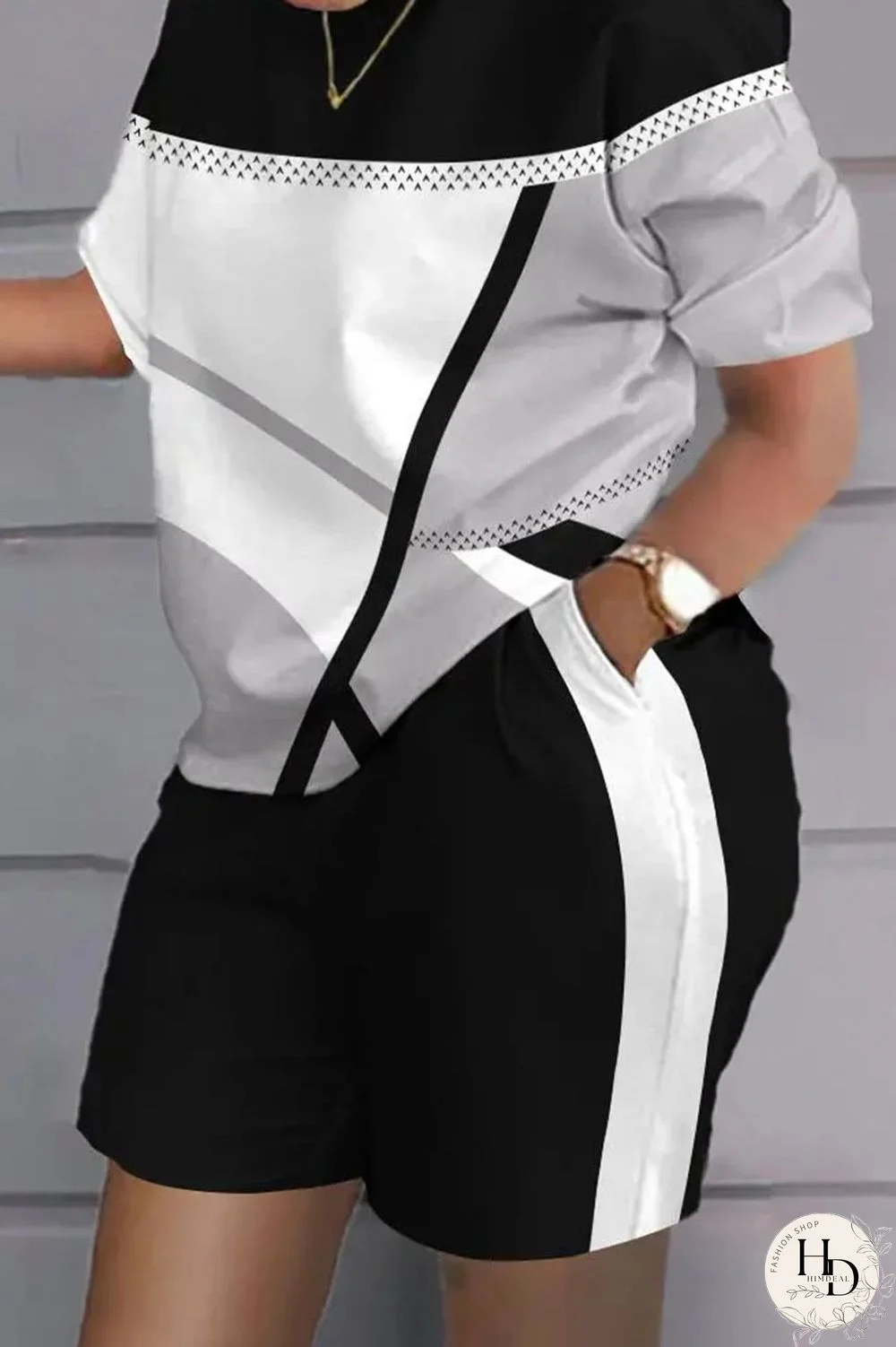 Grey Black Casual Print Patchwork O Neck Short Sleeve Two Pieces