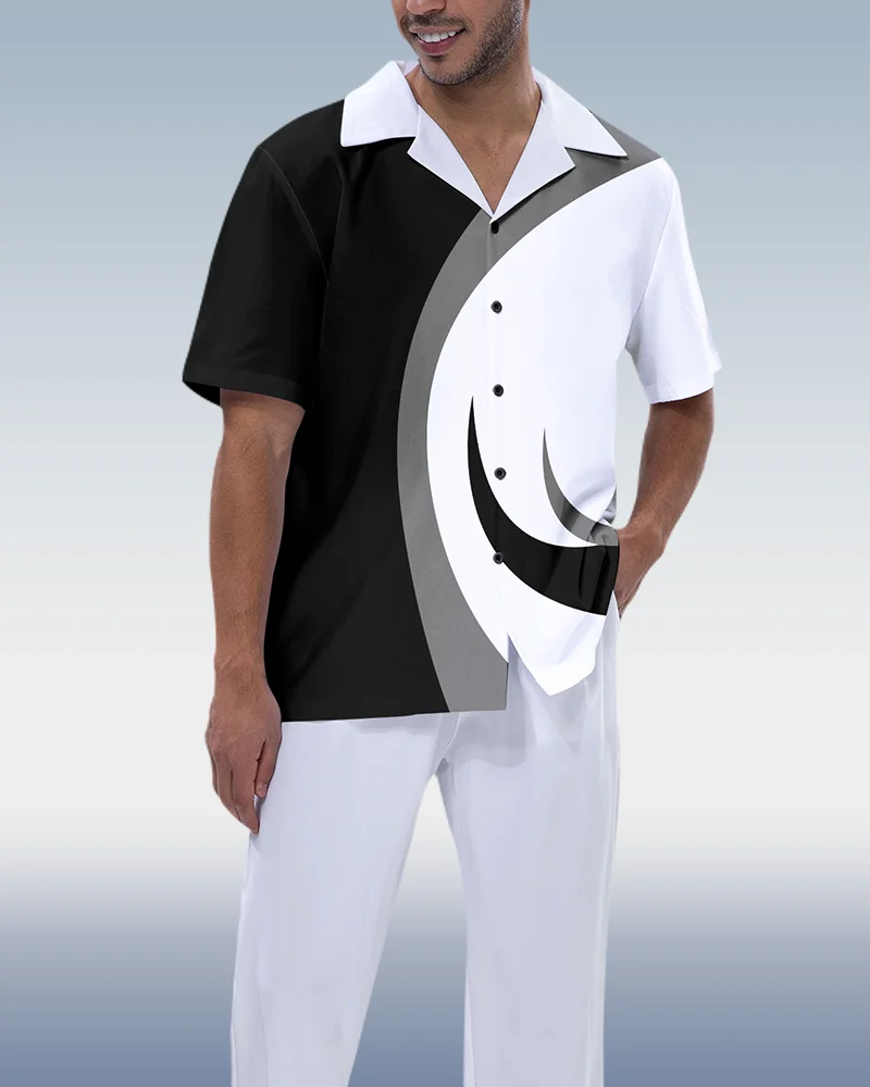Suitmens Men's White Black Color Block Short Sleeve Walking Suit