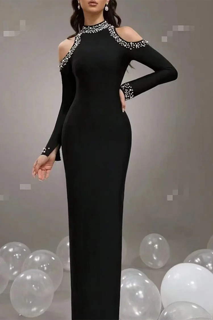 Cold Shoulder Pearl Embellished Long Sleeve Bodycon Maxi Dress-Black