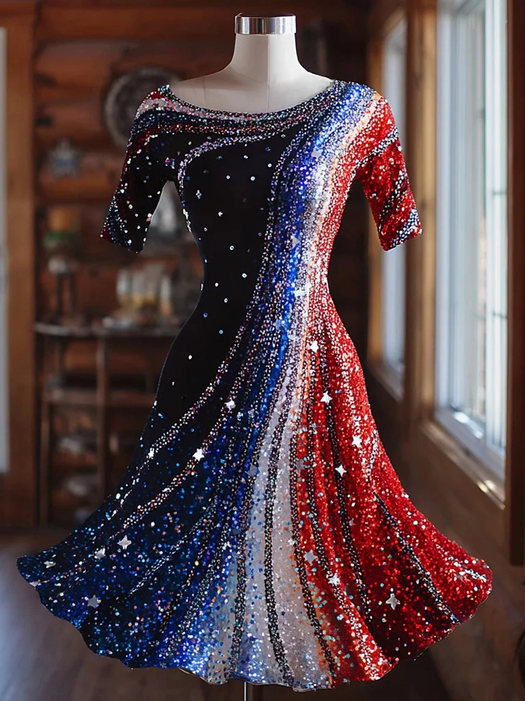 Contrast Sequin Art Print Crew Neck Dress wearshes