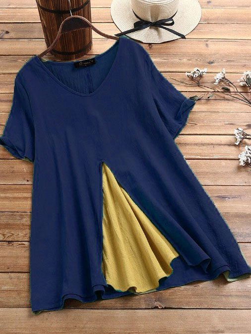 Cotton-Blend Solid Casual Short Sleeve Shirts & Tops