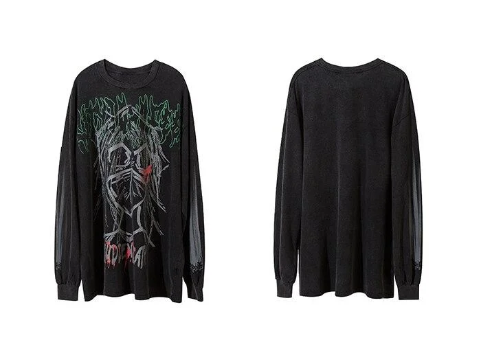 LACIBLE Anime Masked Man Print Long Sleeve Shirts Gothic Washed Pullovers Streetwear Harajuku Oversized Loose Shirts Darkwear