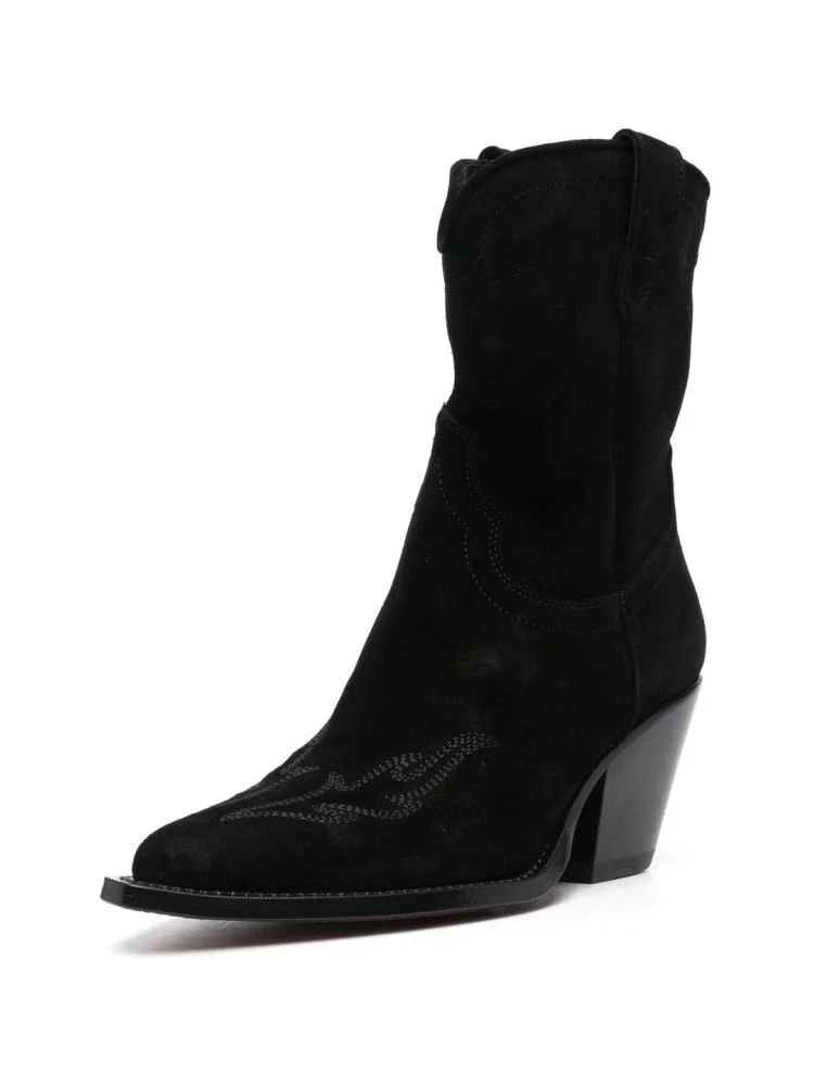 Black Embroidered Faux Suede Ankle Boots Pointy Block Heeled Western Cowgirl Boots