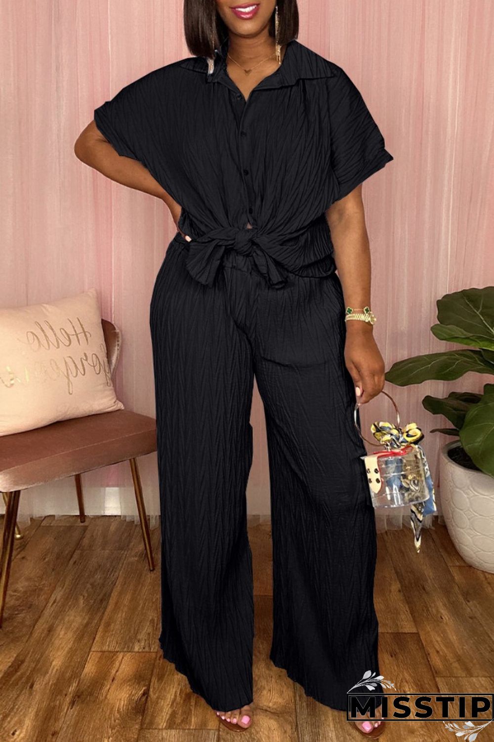 Black Casual Solid Basic Turndown Collar Short Sleeve Two Pieces