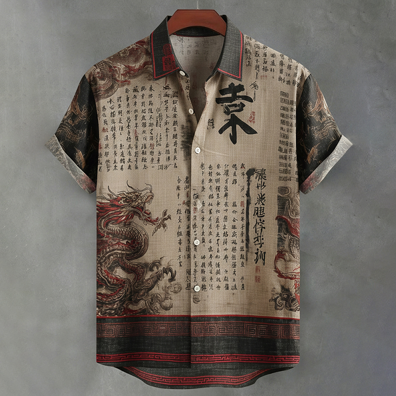Men's Japanese Calligraphy And Dragon Art Linen Shirt  artssus