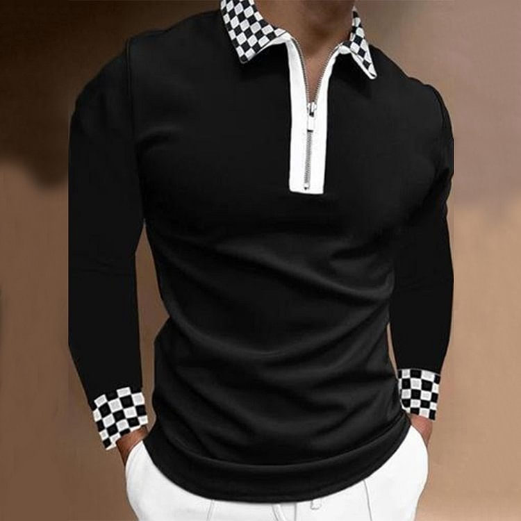BrosWear Men's Patchwork Lapel Plaid Long Sleeve Polo Shirt