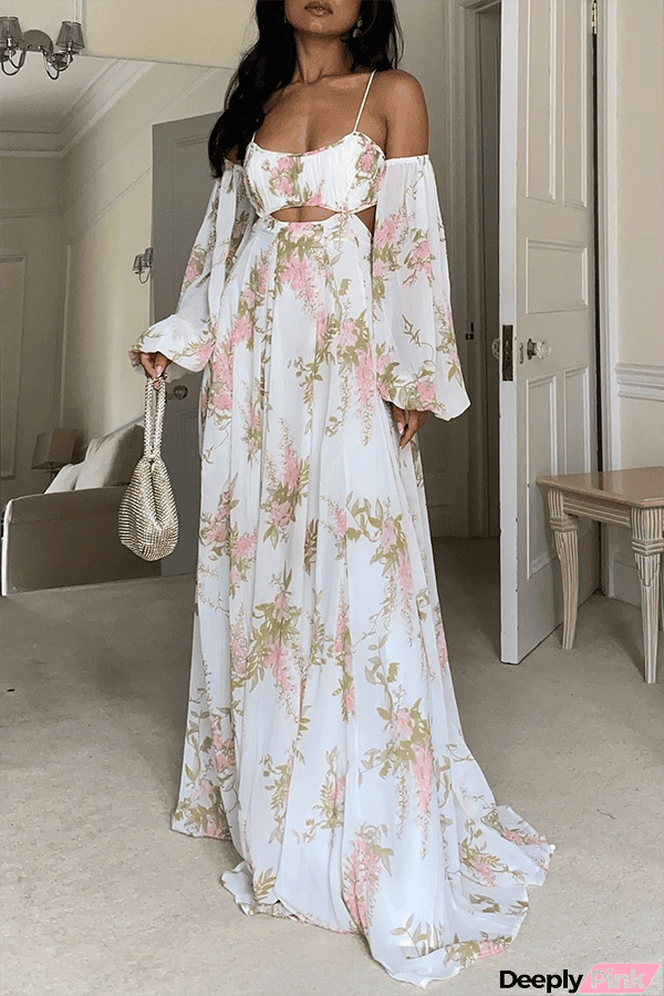 Everlasting Love Floral Print Cold Shoulder Cutout Open Back Maxi Dress