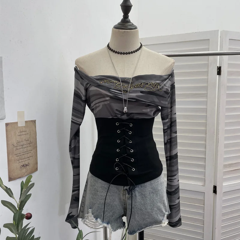 Nigikala Nigikala Real Shot Of The Hottie Shoulder Mesh Hot Diamond To Receive The Belt Strap Horn Long Sleeve Top Short T-Shirt 2760