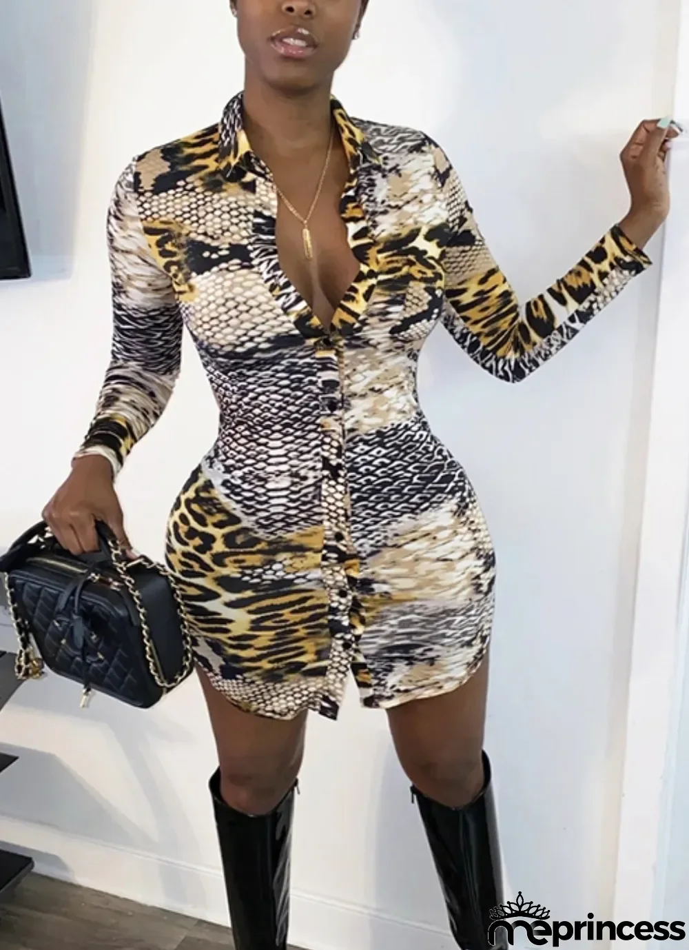Sexy Print Long Sleeve Fitted Blouse Dress