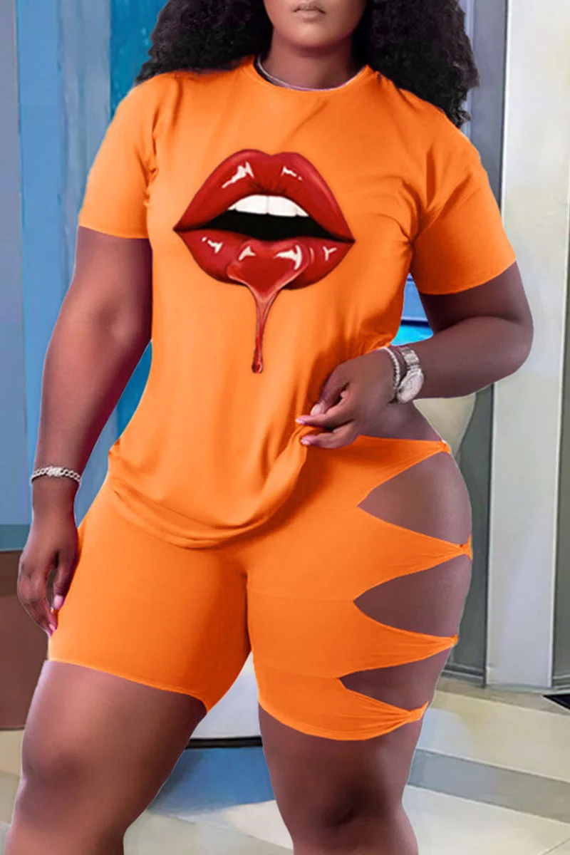 Orange Fashion Casual Lips Printed Ripped Hollowed Out O Neck Plus Size Two Pieces