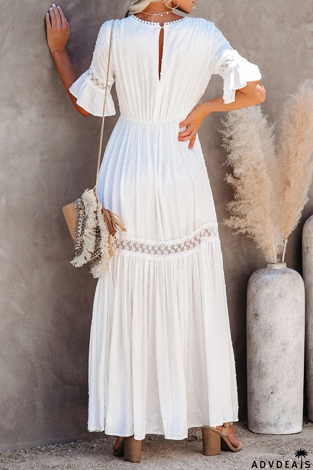 Swiss Dot Lace Trim Maxi Dress