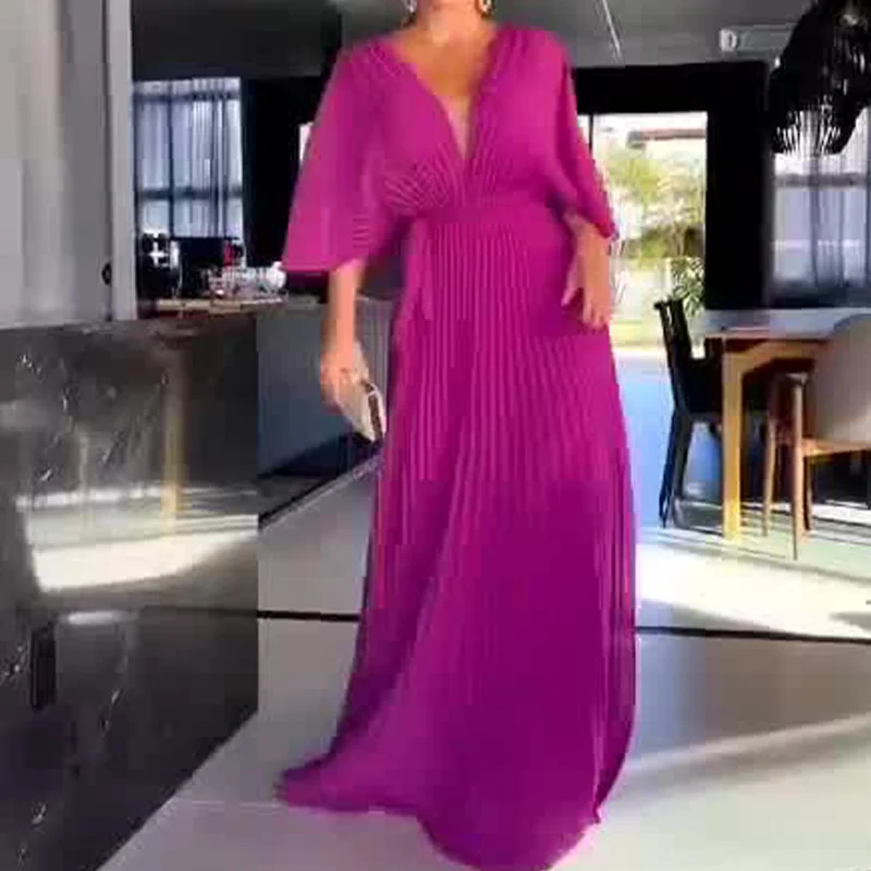 Toloer Toloer New Fall 2023 Solid Color V-Neck Bat Sleeve High-Waisted Dress-Outfit Ideas