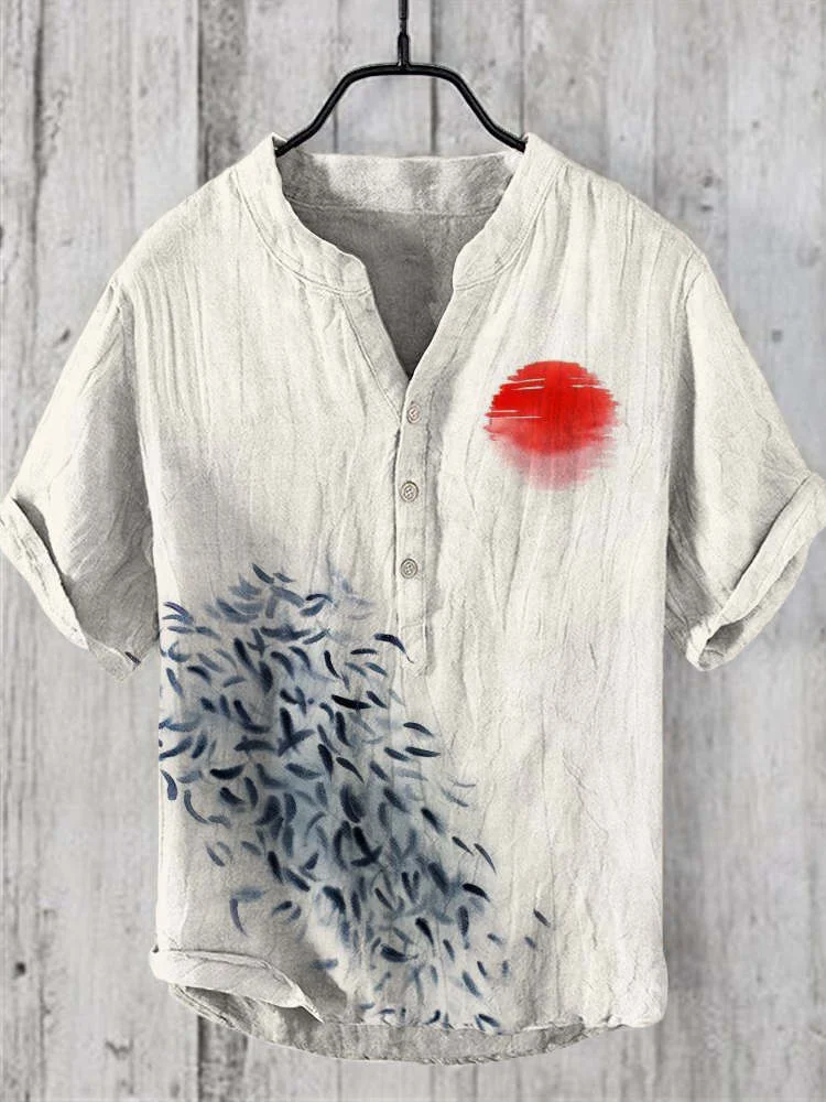 Sun & Fish Linen Casual V-Neck Shirt