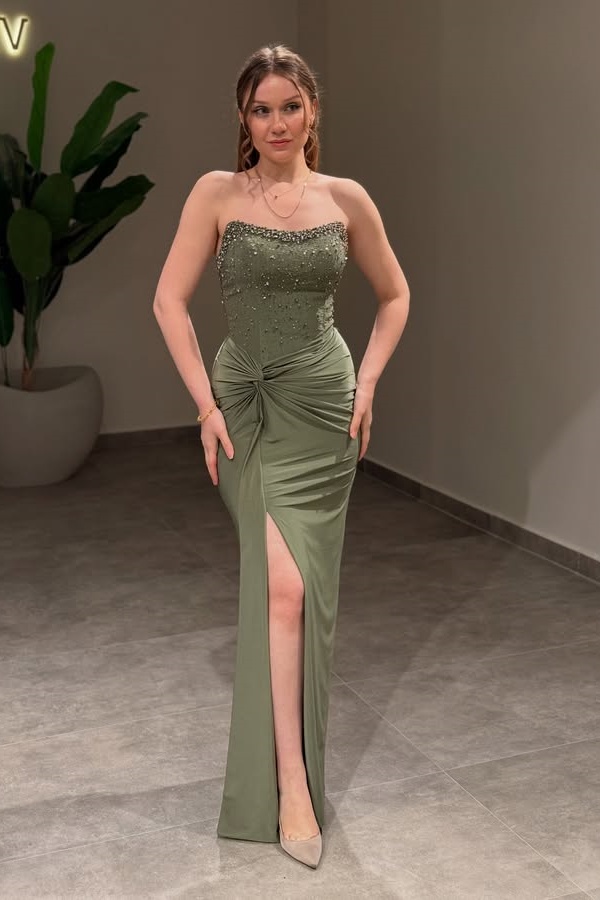 Ovlias Charming Green Strapless Split Mermaid Prom Dress Pleated with Beading JQ0032