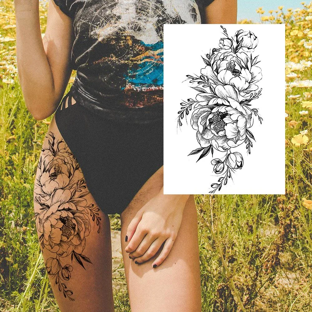 Sexy Flower Temporary Tattoos For Women Body Art Painting Arm Legs Tattoos Sticker Realistic Fake Black Rose Waterproof Tattoos 1001