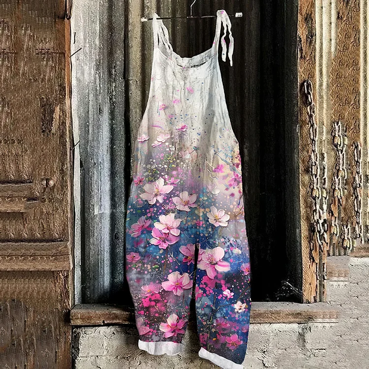 Utbros Vintage Color Flowers Art  Print Linen Loose Casual Jumpsuit