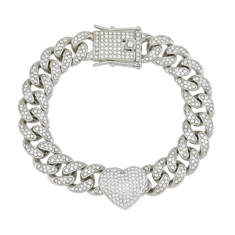 Cool Three-Dimensional Fully Jeweled Loving Heart Heart-Shaped Creative Cuban Link Chain Bracelet Hip Hop Style Couple Bracelet Bracelet