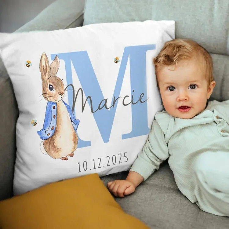 Personalized Multicolor Peter Rabbit Bunny Throw Pillow Cover with Name Nursery Decor Baby Shower Birthday Gift for Baby Kid