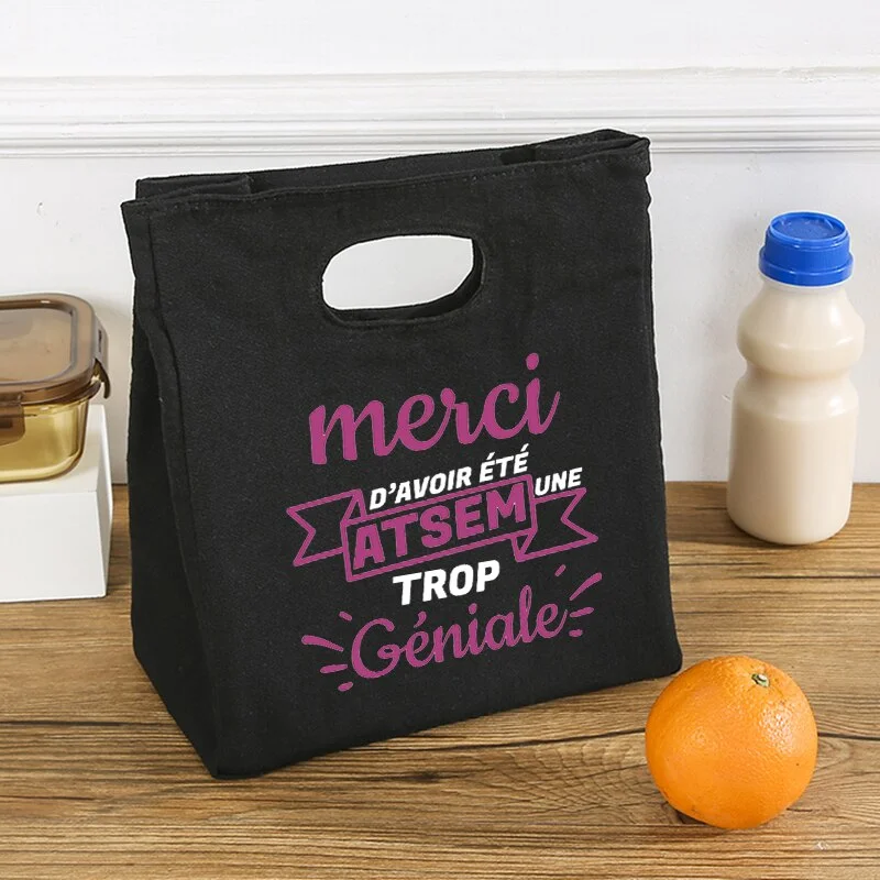 Je Suis Une Atsem Trop Geniale Print Cooler Lunch Box Portable Insulated Lunch Bag Thermal Picnic School Food Storage Pouch Gift