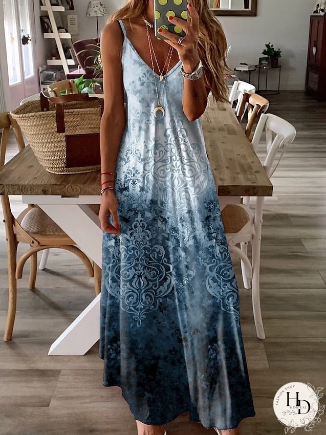 Casual Dress Summer Dress Slip Dress Graphic Print V Neck Long Dress Maxi Dress Active Fashion Outdoor Holiday Sleeveless Regular Fit Black Royal Blue Blue Summer S M L XL XXL for Women