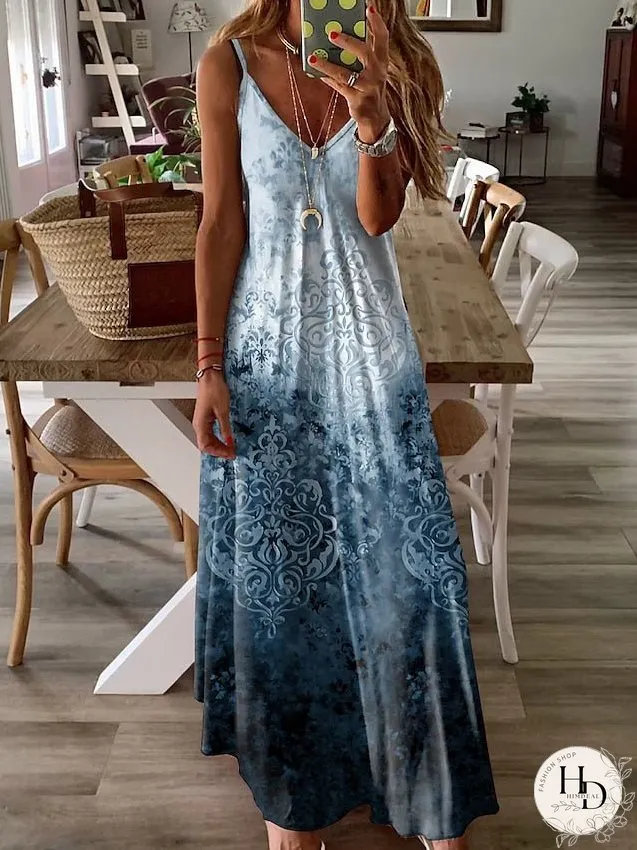 Casual Dress Summer Dress Slip Dress Graphic Print V Neck Long Dress Maxi Dress Active Fashion Outdoor Holiday Sleeveless Regular Fit Black Royal Blue Blue Summer S M L XL XXL for Women