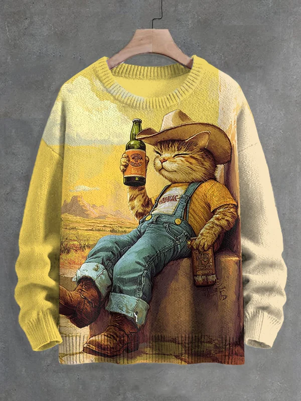 Men's Western Cowboy Cat Beer Lover Art Print Knit Sweatshirt