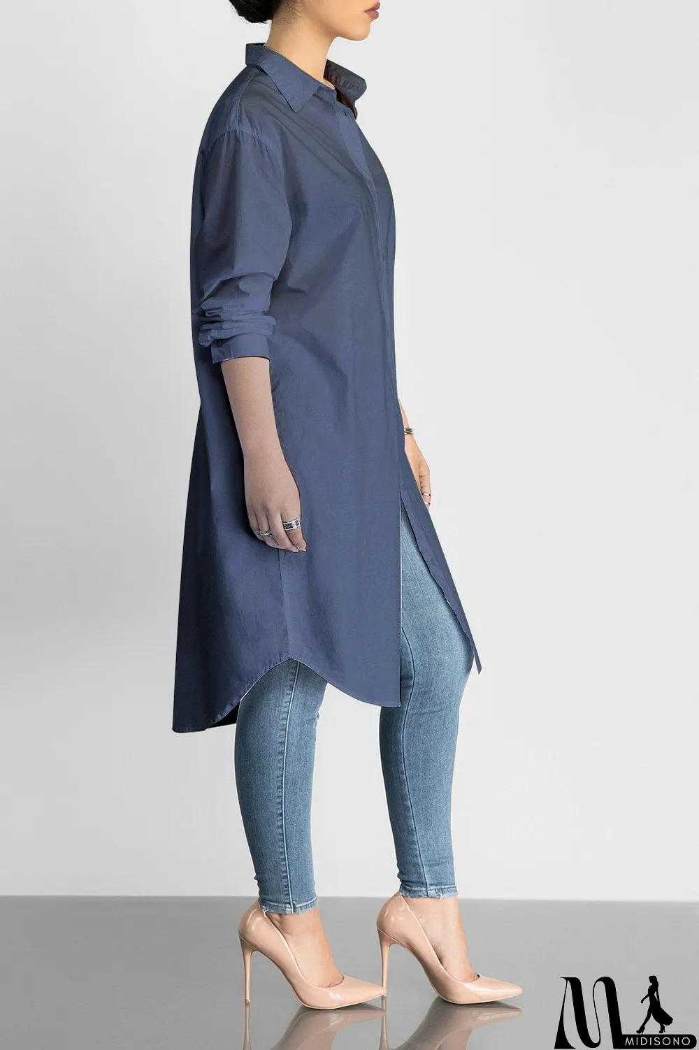 MidiSono - Plus Size Solid Long Sleeve Long Style Shirt Tops