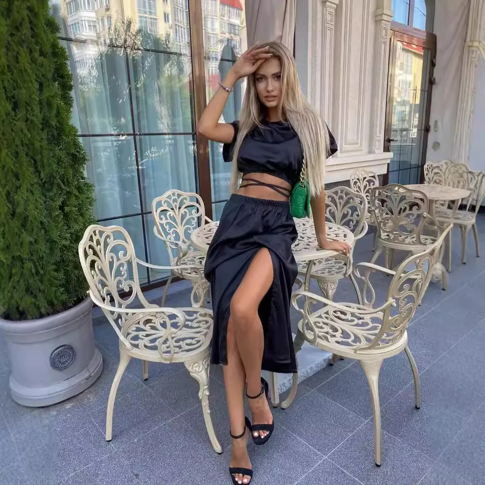 Nigikala Nigikala New Short-Sleeved Top Open Skirt Set Solid Color Commute Two Sets