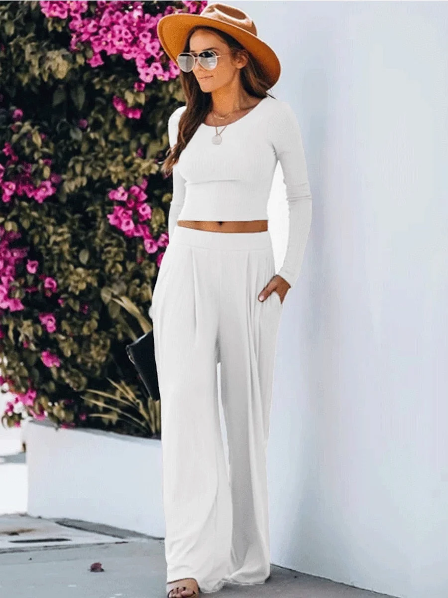 Hot Fashion Solid Color Crop Top  Women's Long-sleeved Trousers Suit Loose Elastic Wide-leg Pants Casual Sets