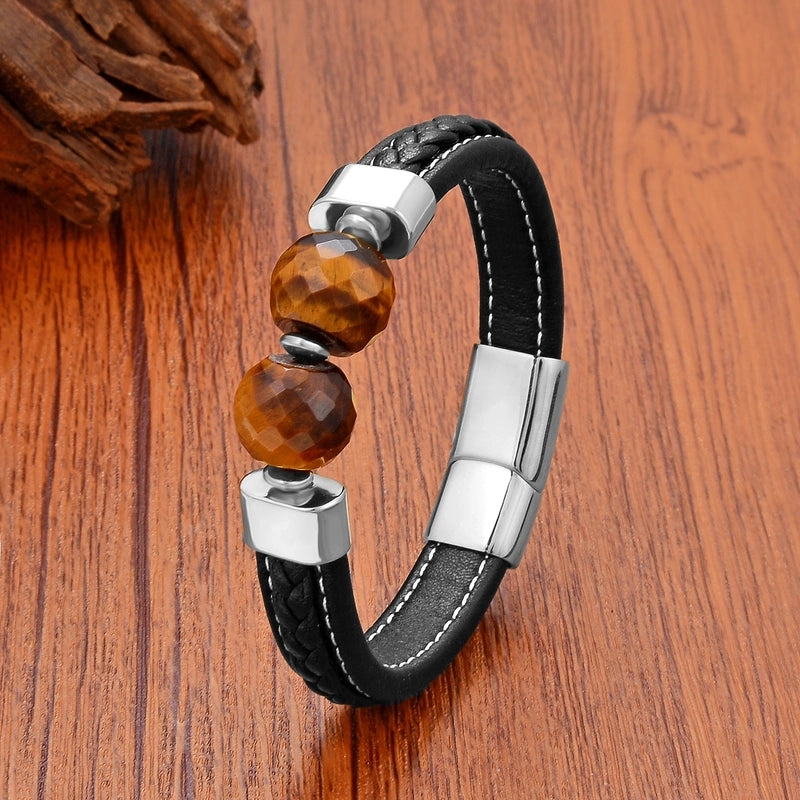 Retro Classic Style Round Leather Rope Iron Beaded Men's Bracelets