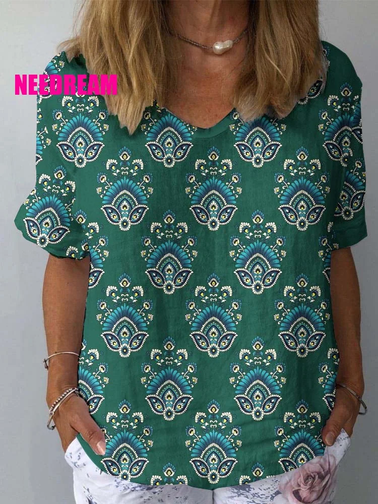 Womens  Retro Floral Pattern Print Cotton And Linen Top