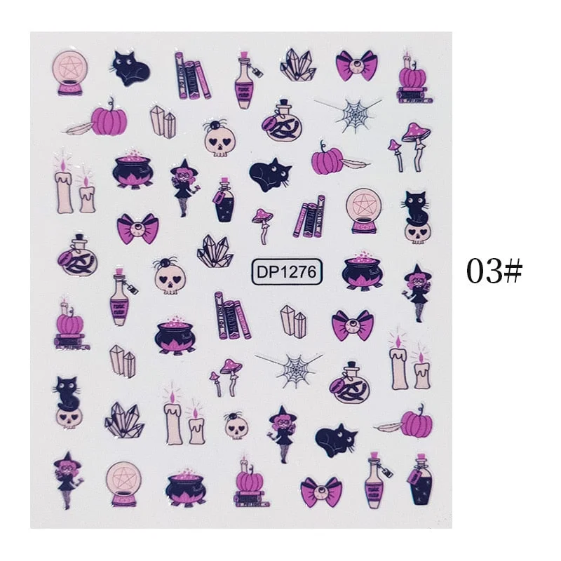 Halloween 3D Nail Stickers Skeleton Pumpkin Design Adhesive Nail Transfer Sliders Paper Autumn Winter DIY Nail Art Decoration