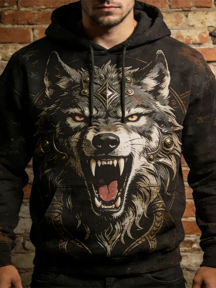 Viking Wolf Totem Vintage Men's Hooded Sweatshirt
