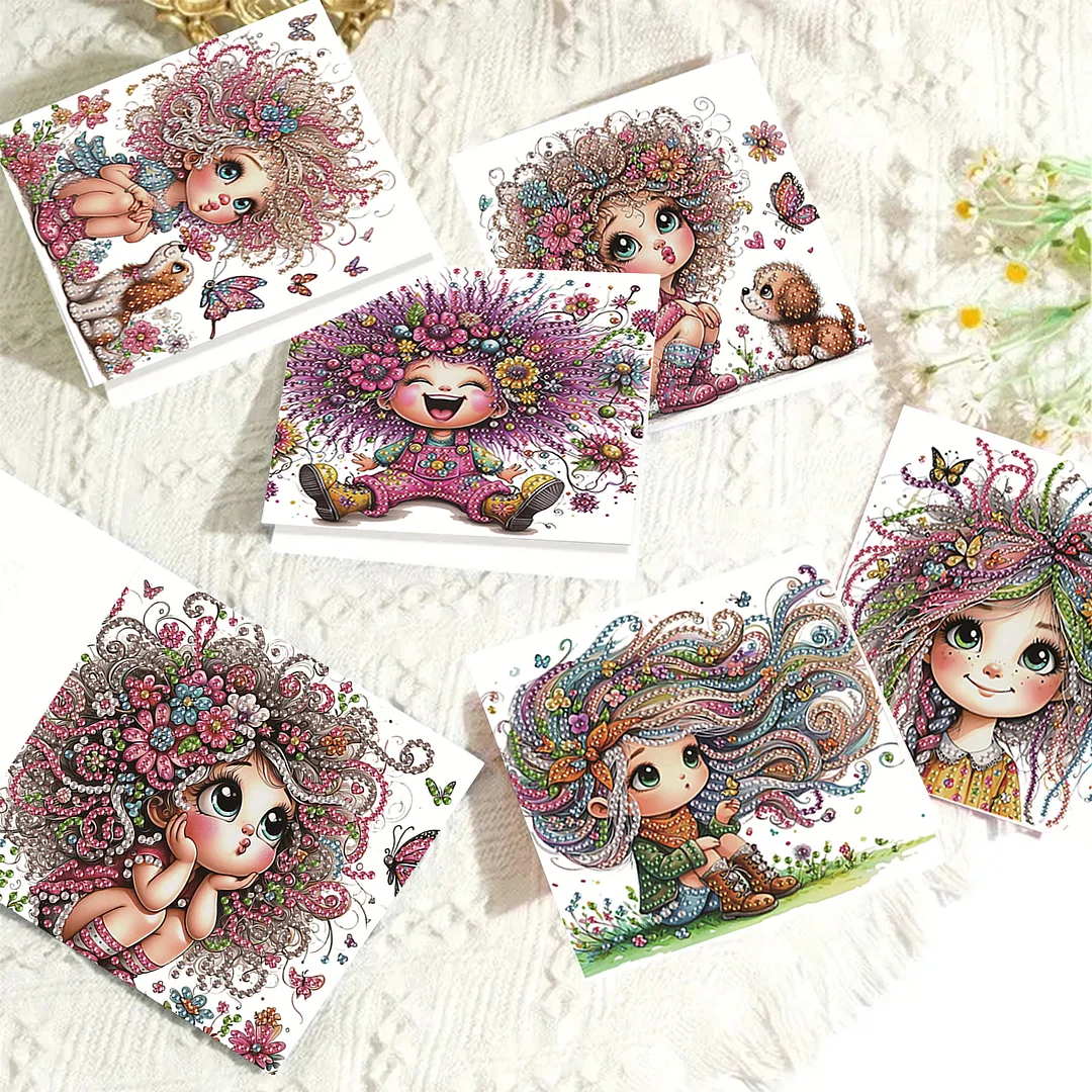 6pcs Girl DIY Diamond Art Greeting Cards Thank You Cards and Holiday Blessings(Blank Inside)