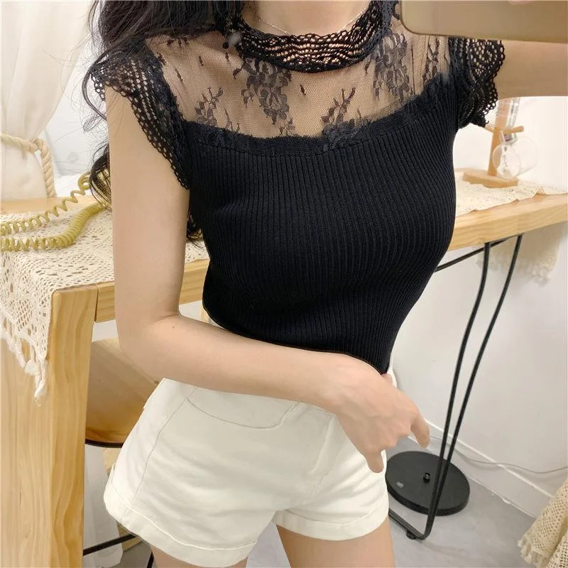 Sexy Lace Blouse Women Black and White Off Shoulder Top With collar Knitted Patchwork Ladies Tops