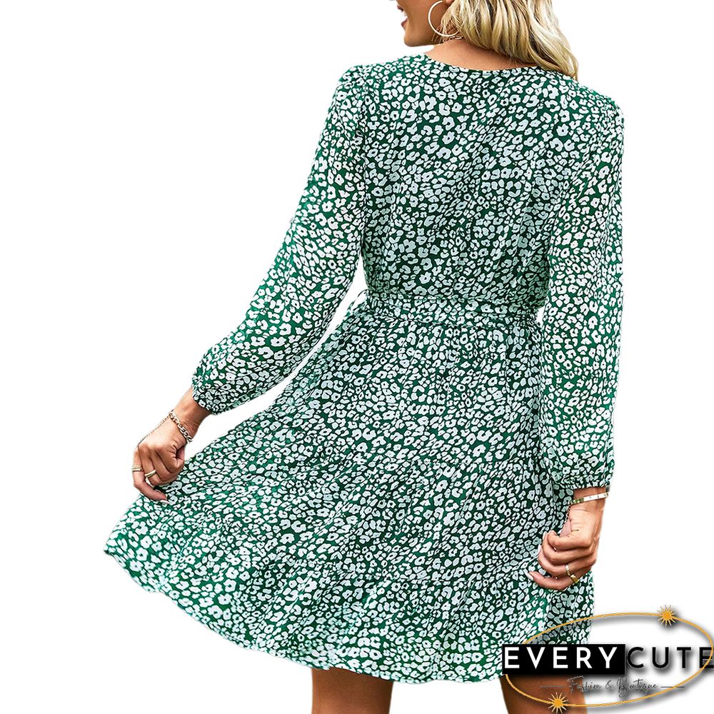 Green Floral Print V Neck Long Sleeve Dress
