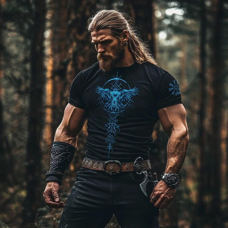 Vintage Viking Raven Rune Print Short Sleeve T-shirt