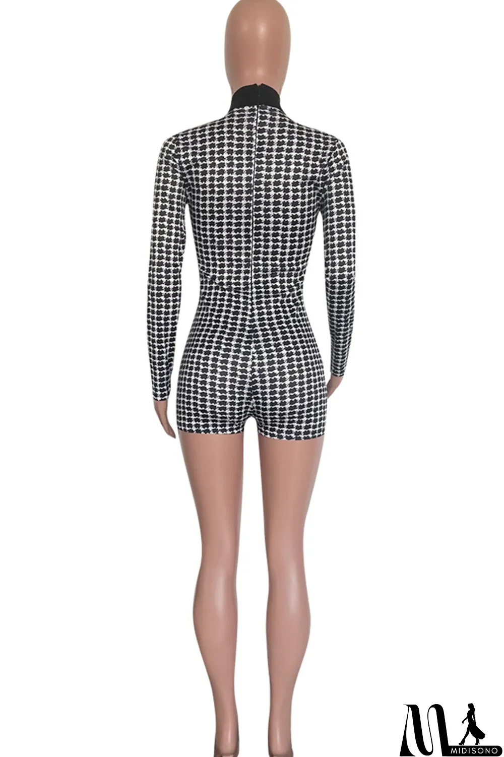 MidiSono - White Fashion Casual Print Patchwork Turtleneck Long Sleeve Skinny Romper