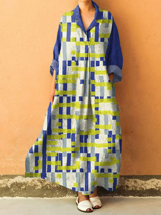 Women's Vintage Color Block Art Print V-Neck Pocket Cotton Dress
