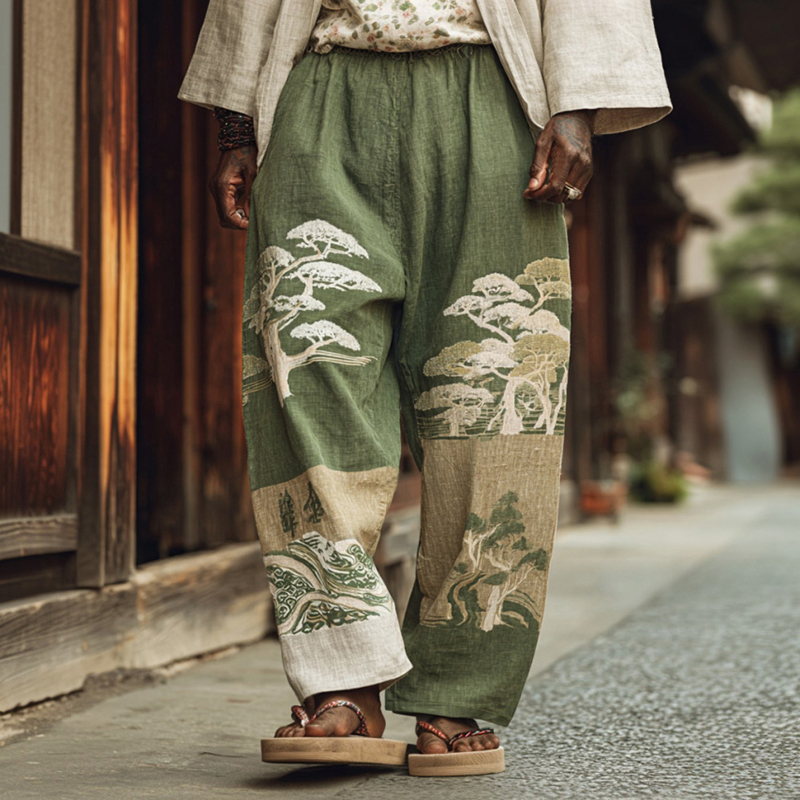 Men's Retro Japanese Tree Print Linen Casual Pants  artssus
