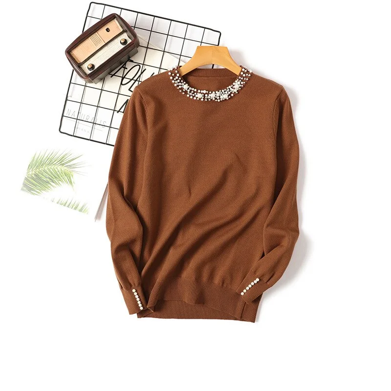 2021 New Autumn winter women Temperament sweaters and pullovers long sleeve casual Pearl sweater slim knitted jumpers Sweater